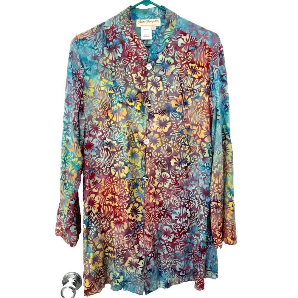 Norm Thompson Colorful Boho Floral Button down shirt women's L Tunic Top